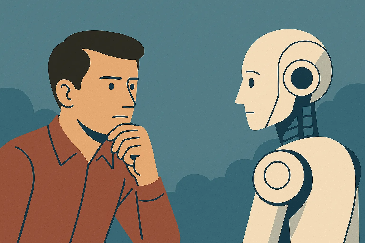 Developer facing off against a robot against a screen of code.