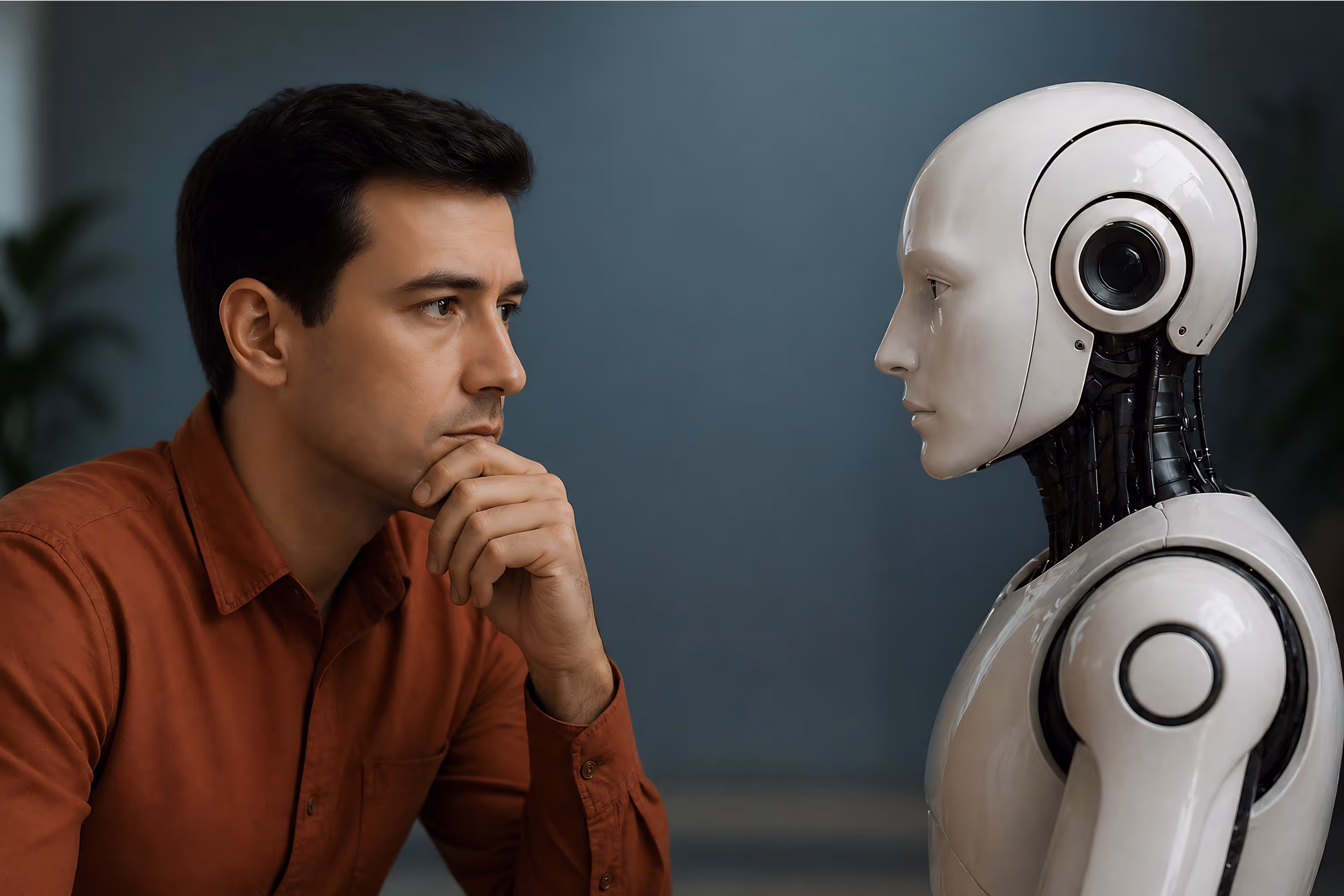 Developer facing off against a robot.