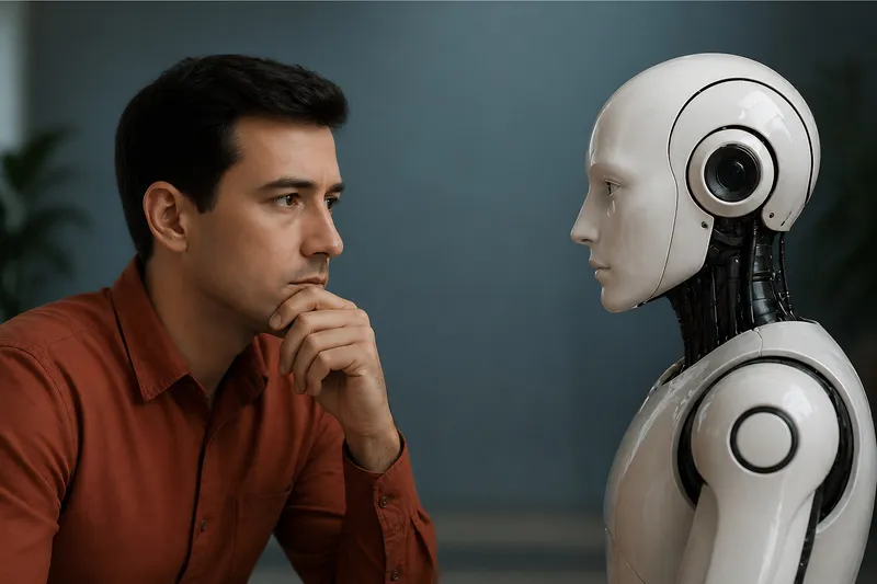 Developer facing off against a robot.