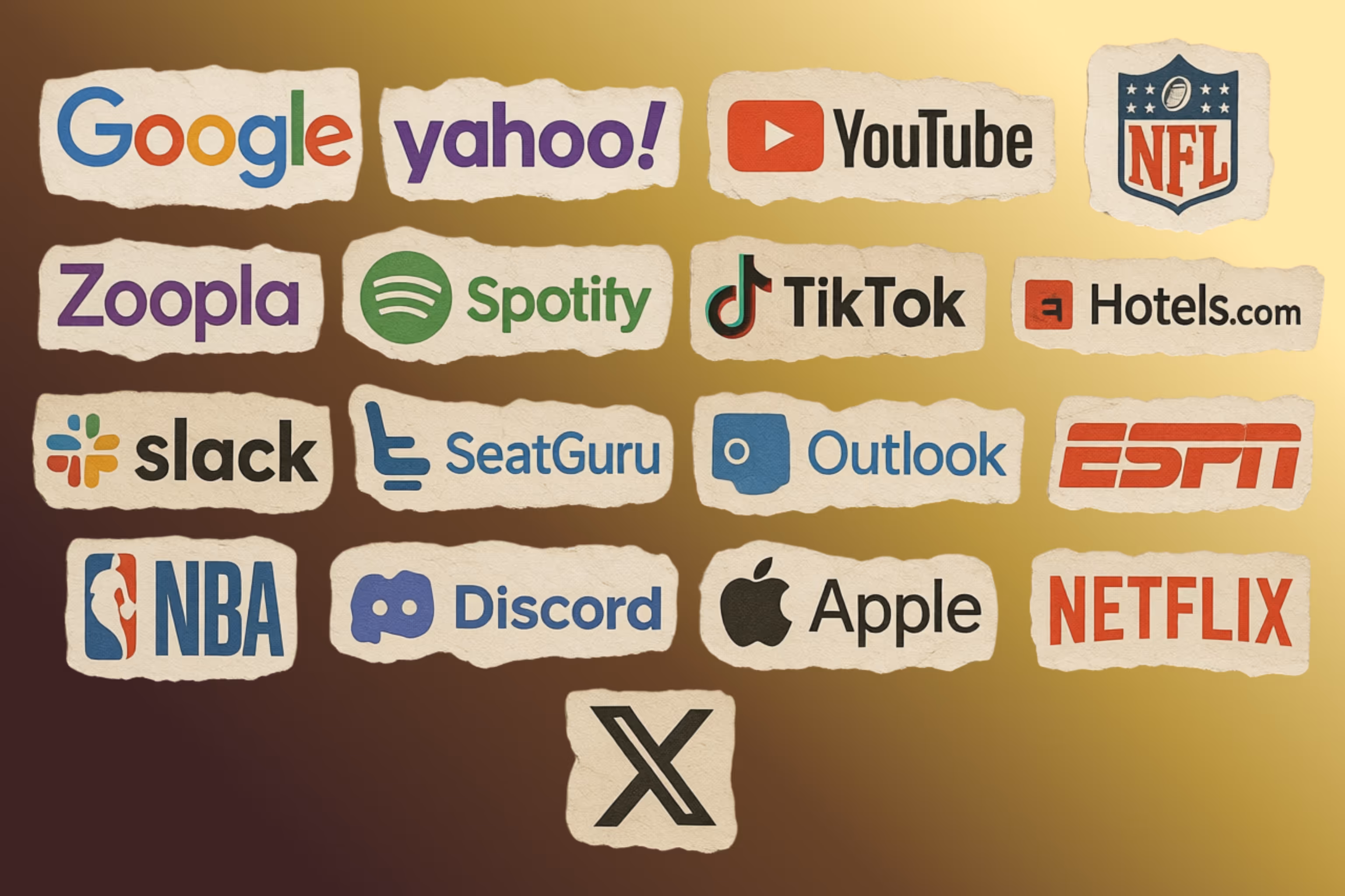 A scrapbook of big company logos whose sites are featured in browser quirks files.
