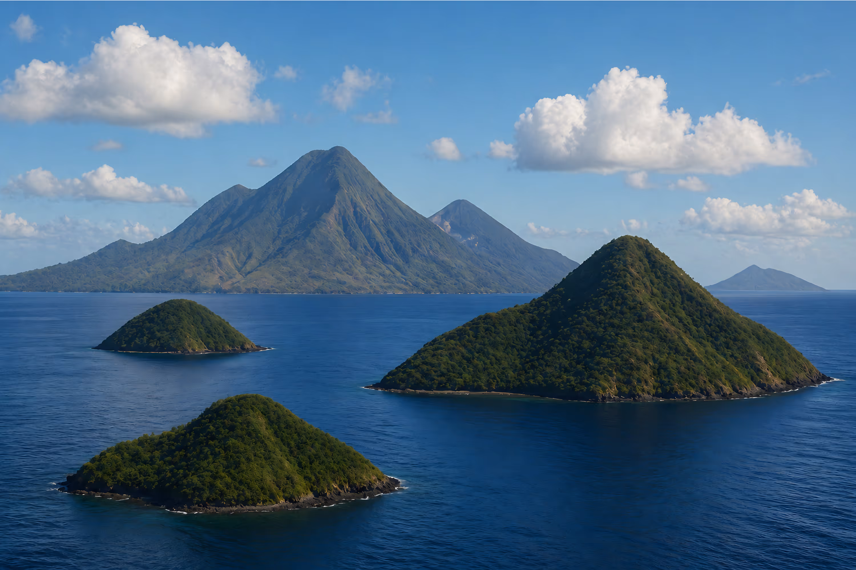A sea of islands in front of mountains