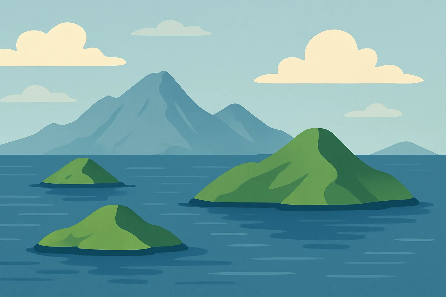A sea of islands in front of mountains