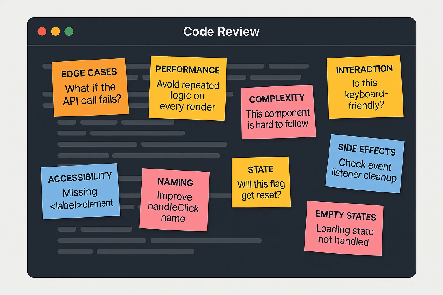 Code review UI with sticky notes highlighting accessibility and performance issues.