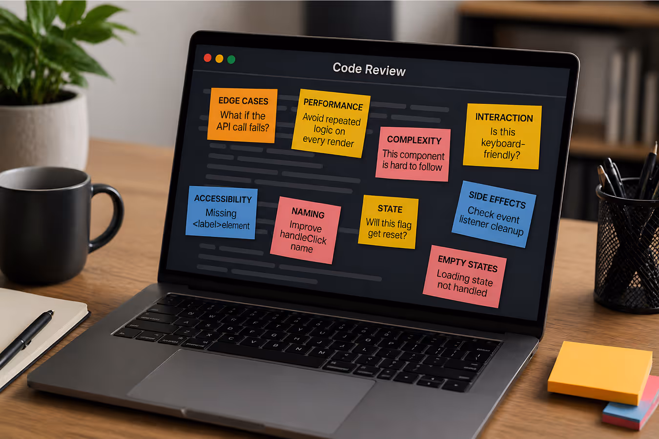 Code review UI with sticky notes highlighting accessibility and performance issues.