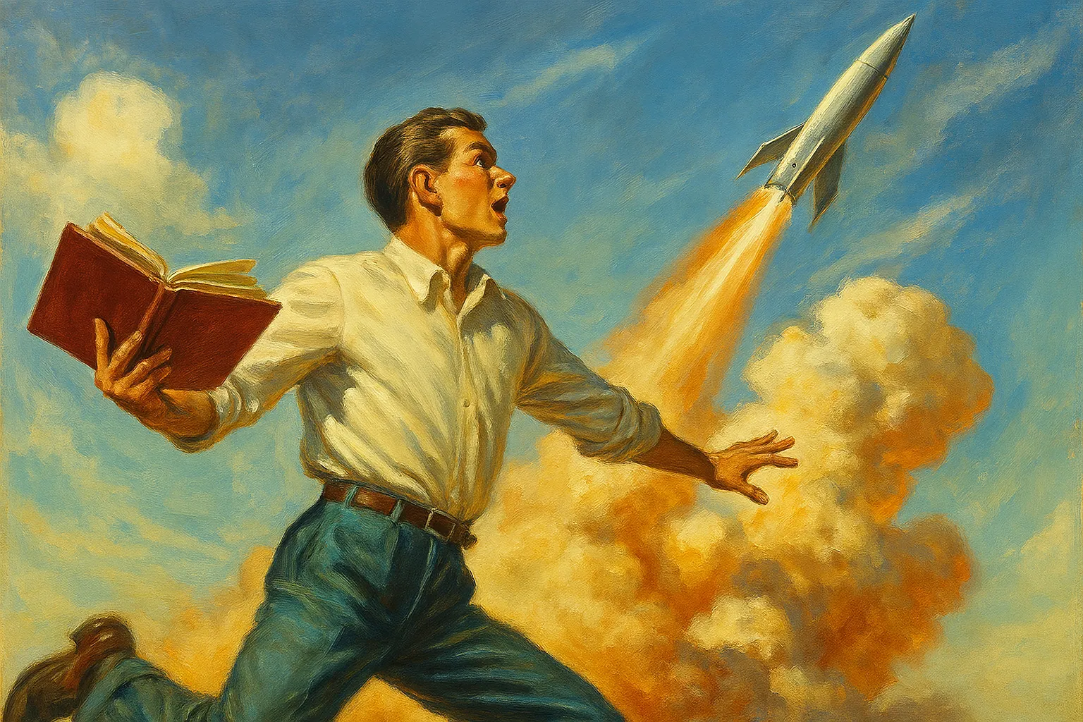A man holding an open book looks up in awe as a rocket launches into a bright blue sky, leaving a trail of smoke and fire behind.