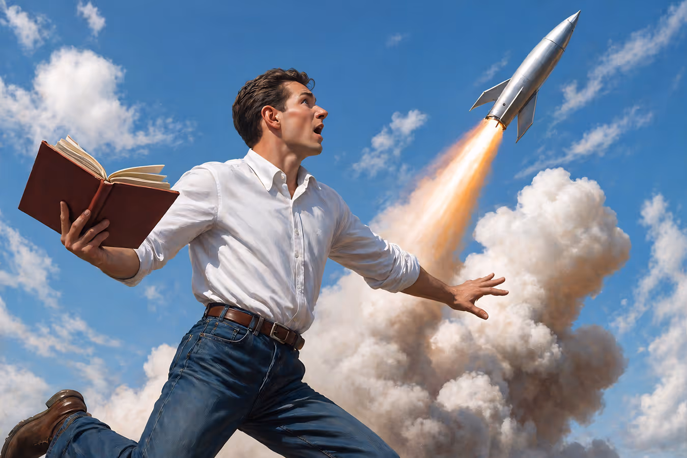 A man holding an open book looks up in awe as a rocket launches into a bright blue sky, leaving a trail of smoke and fire behind.