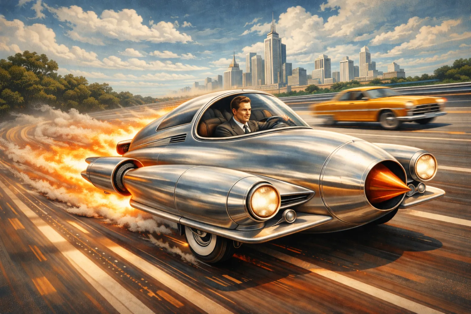 A 1950s-style retro-futuristic silver rocket car races along a highway, flames blasting from its rear thrusters, with the suited driver visible under a clear bubble canopy and a city skyline in the distance.