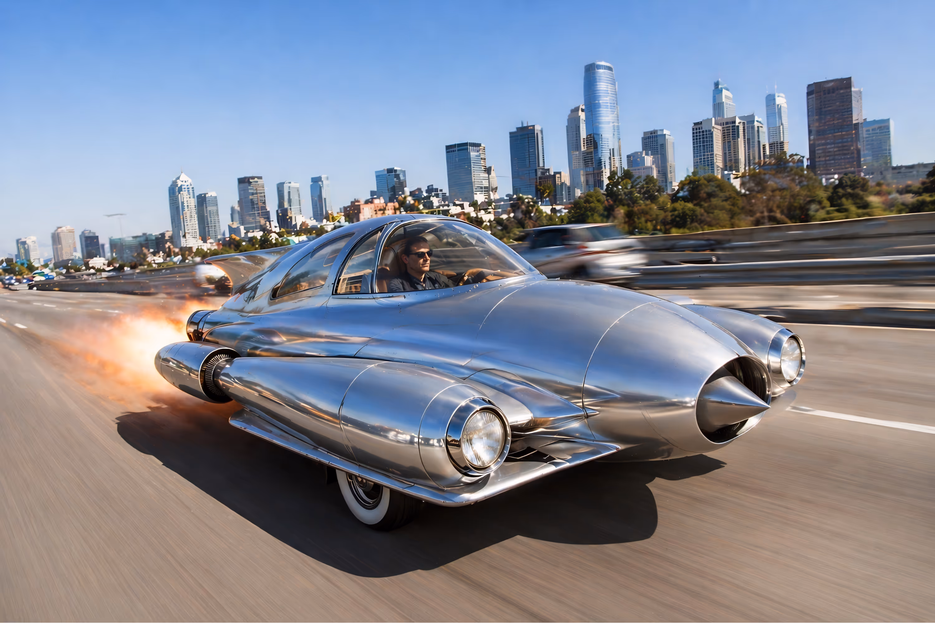 A 1950s-style retro-futuristic silver rocket car races along a highway, flames blasting from its rear thrusters, with the suited driver visible under a clear bubble canopy and a city skyline in the distance.