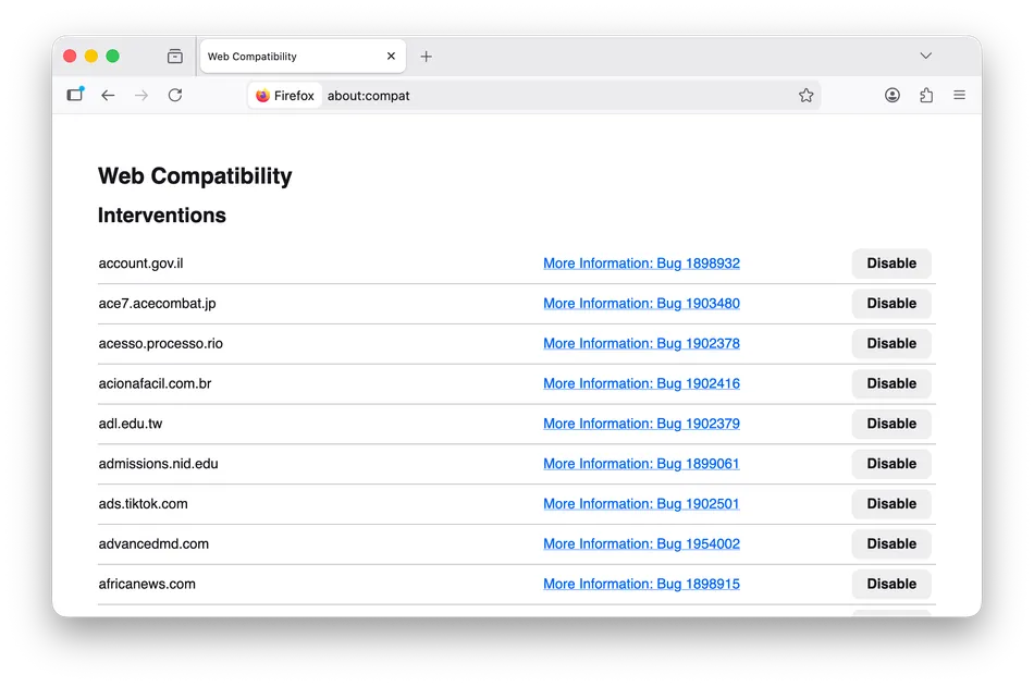 Screenshot of Firefox’s about:compat page showing site-specific compatibility interventions.