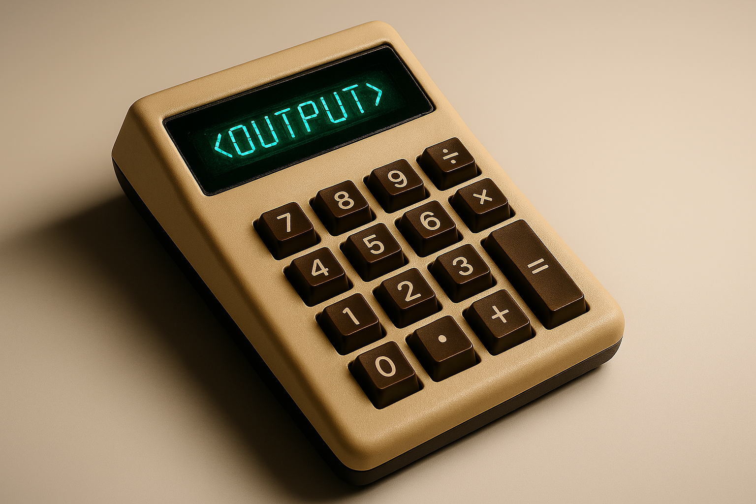 A calculator with the HTML <output> tag shown on the display