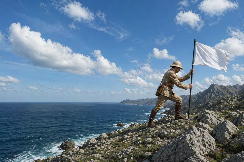 An explorer claiming recently discovered land with a flag