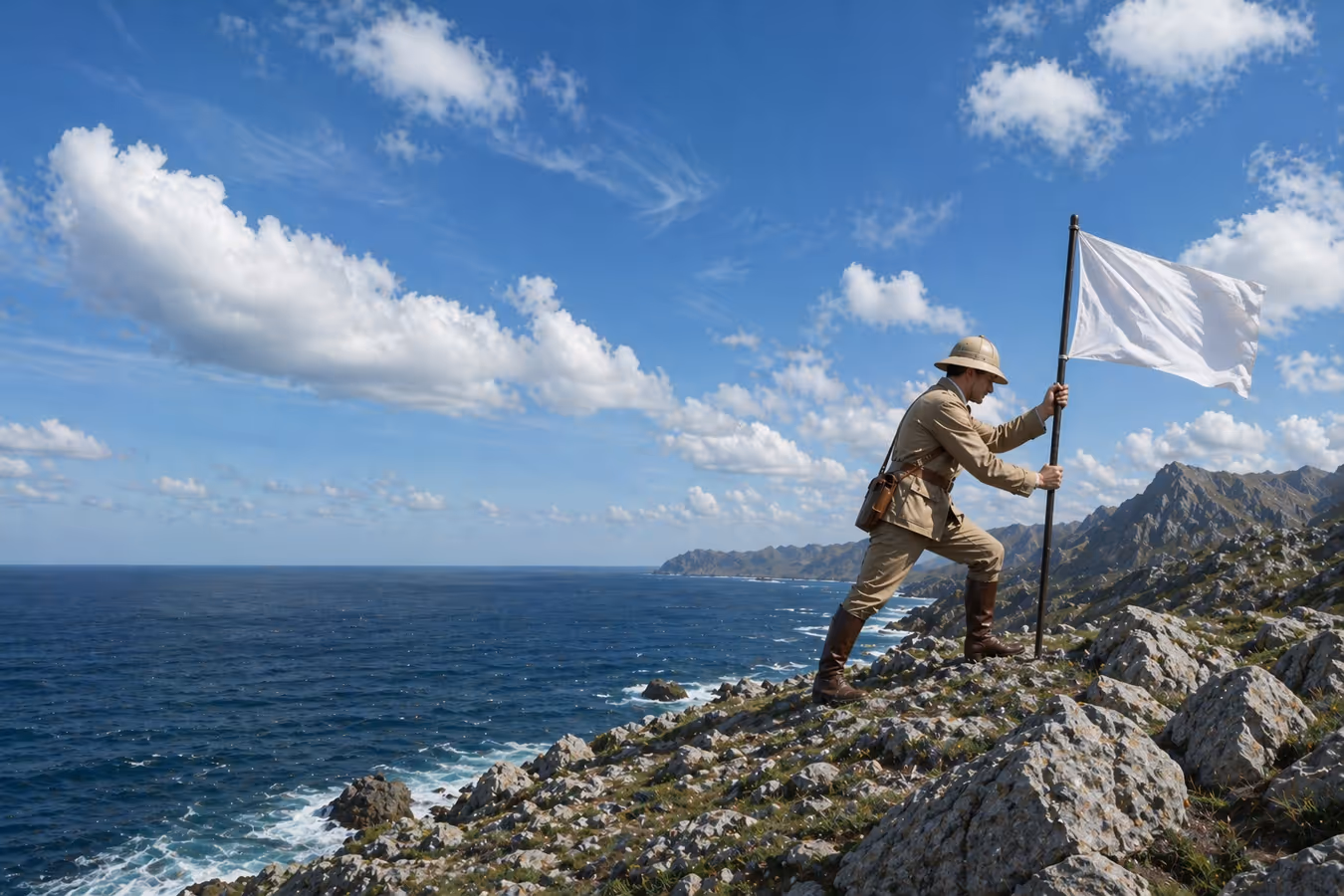 An explorer claiming recently discovered land with a flag