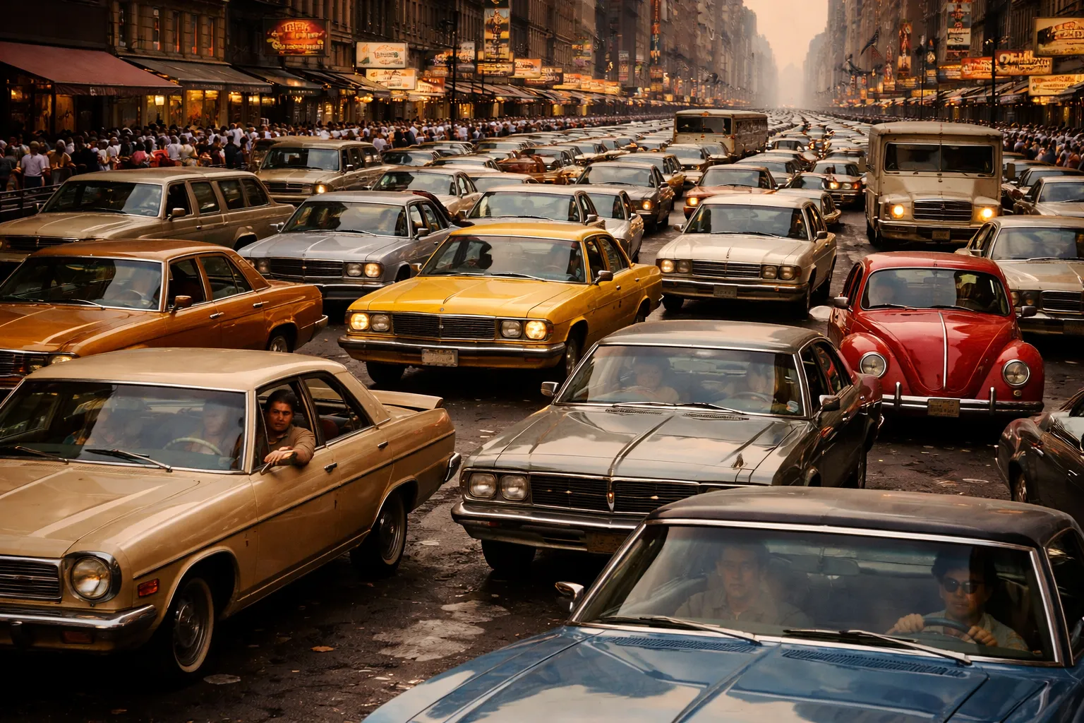 A major traffic jam in New York City, denoting the blocking of the browser's main thread by excess JavaScript execution.