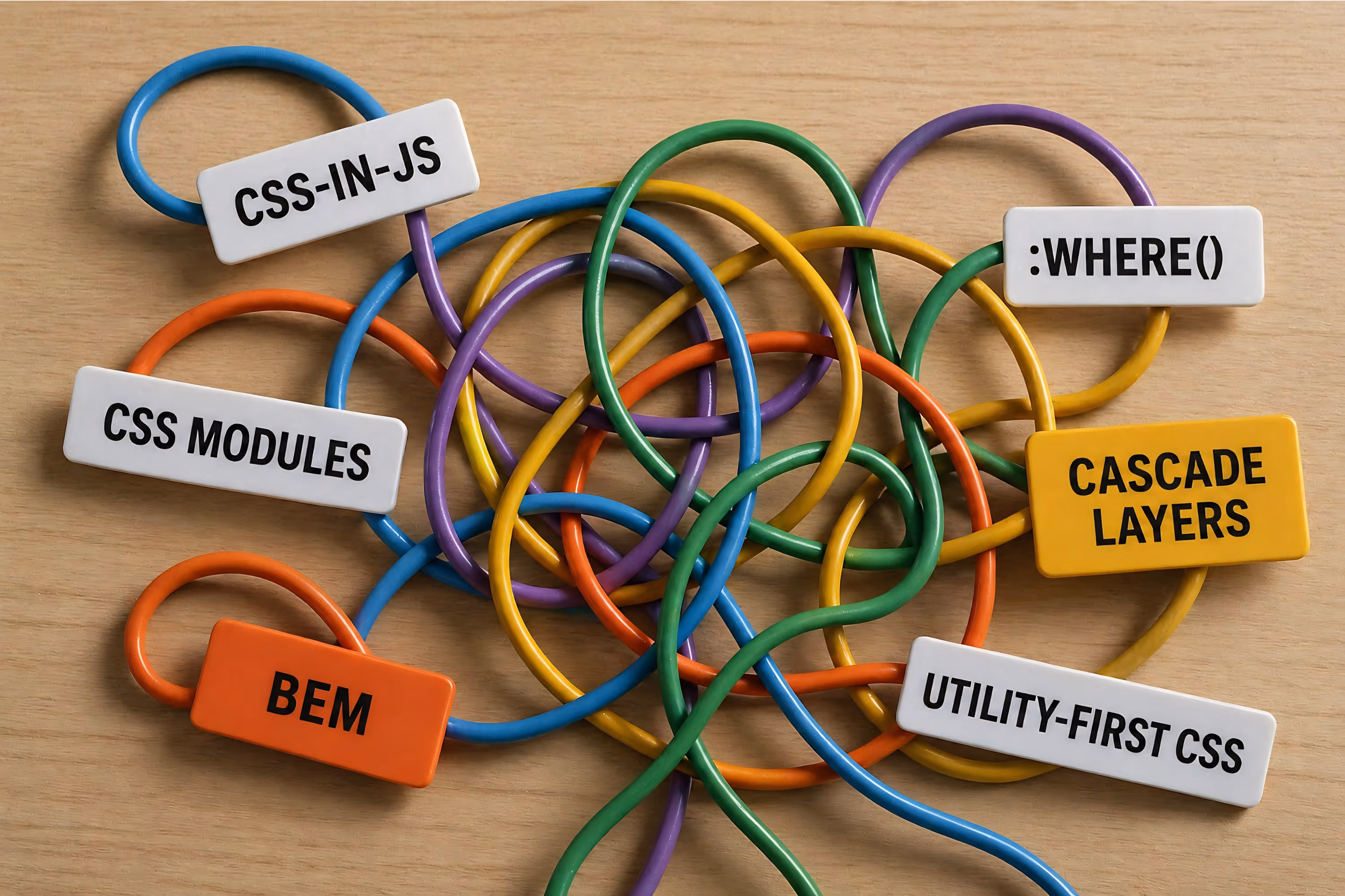 A tangled web of wires labelled with different CSS approaches.