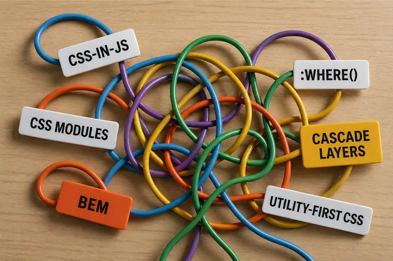 A tangled web of wires labelled with different CSS approaches.