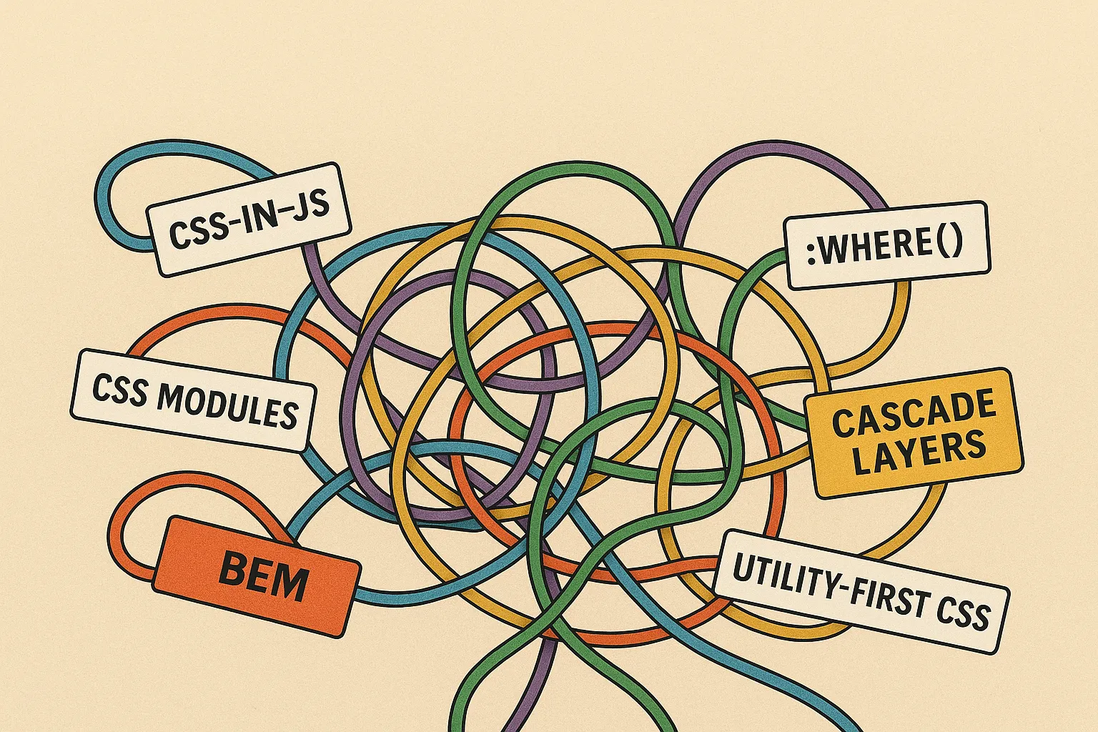 A tangled web of wires labelled with different CSS approaches.